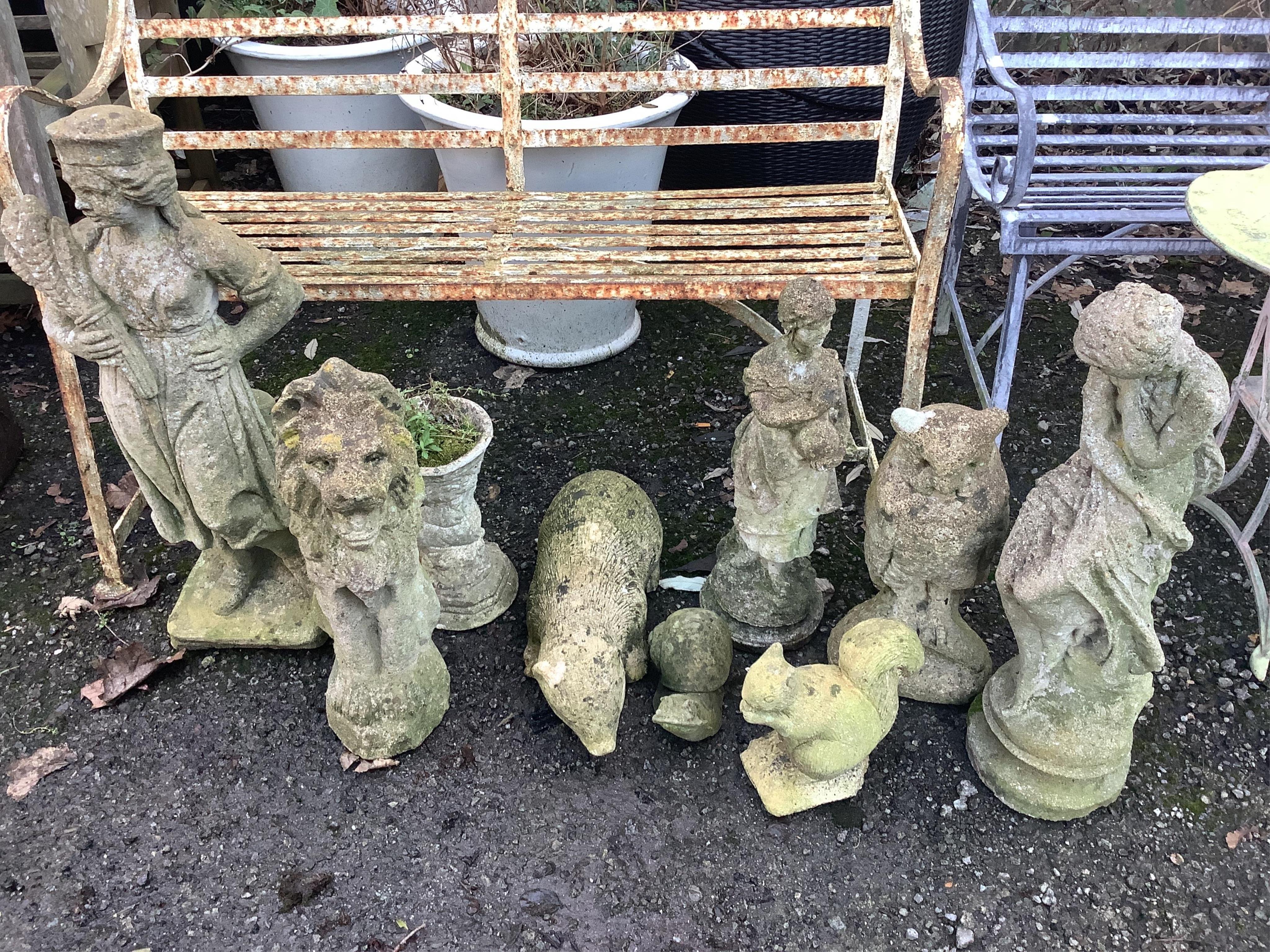 Nine various reconstituted stone models of figures and animals, largest height 77cm. Condition - fair